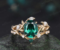 2ct oval cut green emerald engagement ring 14k yellow gold cluster leaf nature inspired moissanite annversary ring set women