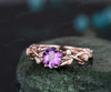 Hexagon cut amethyst ring vintage 14k rose gold five stone leaf nature inspired engagement ring twig opal ring women anniversary gift
