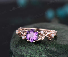 Hexagon cut amethyst ring vintage 14k rose gold five stone leaf nature inspired engagement ring twig opal ring women anniversary gift