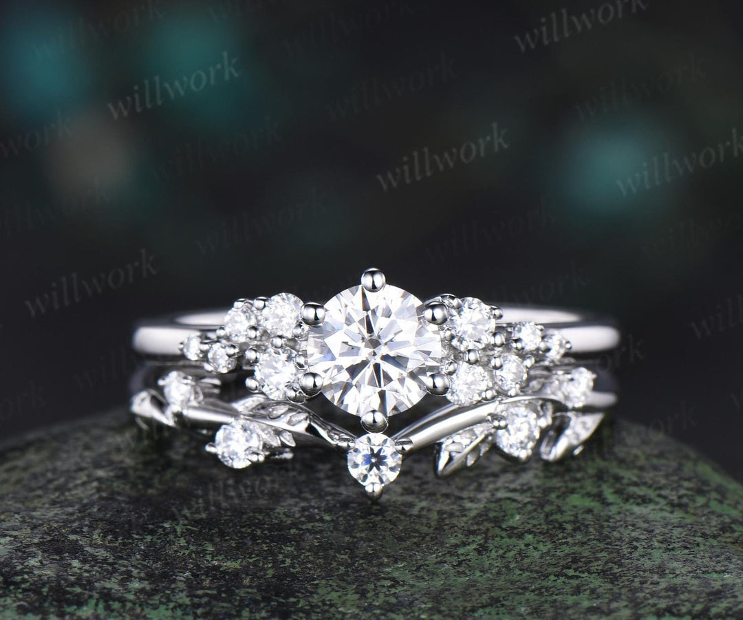 Round cut moissanite snowdrift engagement ring set 14k white gold stacking diamond wedding ring band women unique promise ring gift