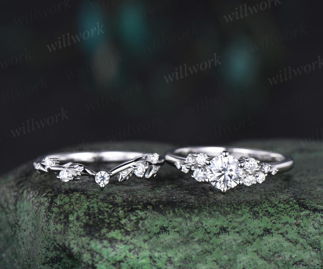 Round cut moissanite snowdrift engagement ring set 14k white gold stacking diamond wedding ring band women unique promise ring gift