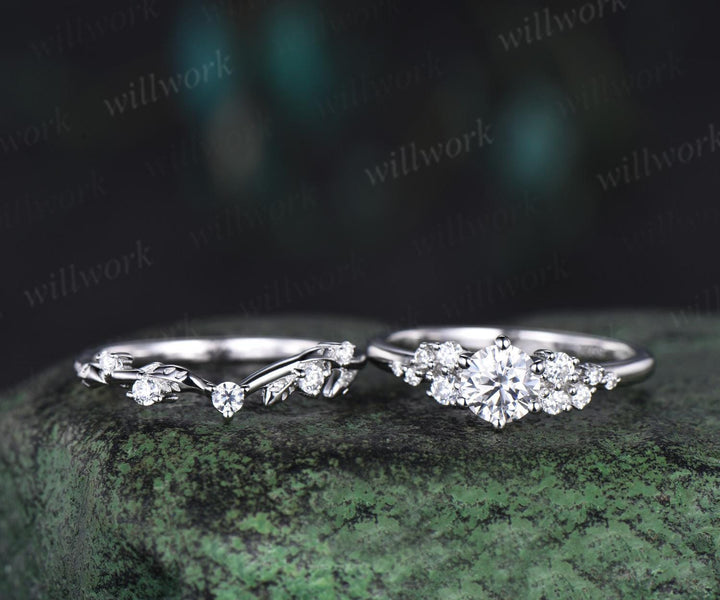 Round cut moissanite snowdrift engagement ring set 14k white gold stacking diamond wedding ring band women unique promise ring gift