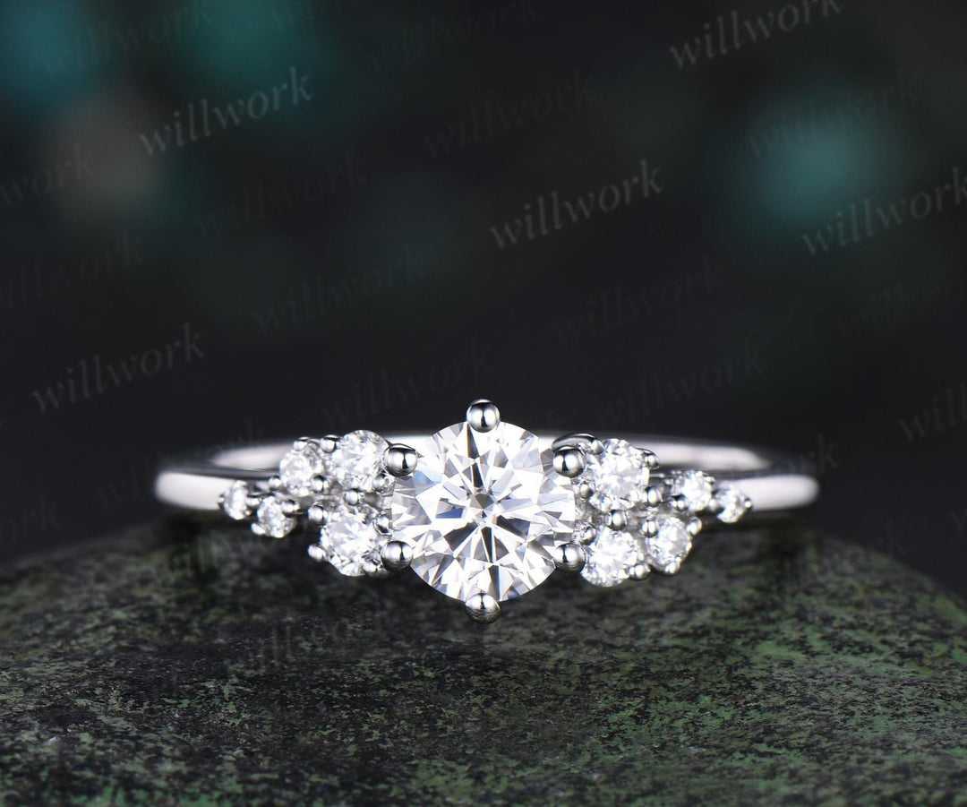 Round cut moissanite snowdrift engagement ring set 14k white gold stacking diamond wedding ring band women unique promise ring gift