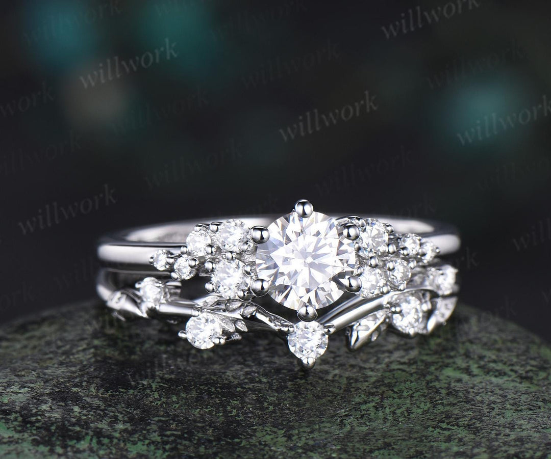 Round cut moissanite snowdrift engagement ring set 14k white gold stacking diamond wedding ring band women unique promise ring gift