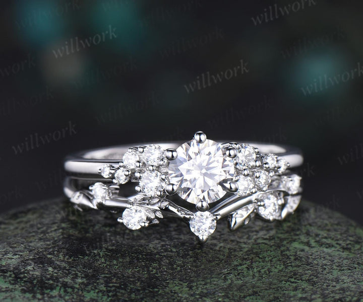 Round cut moissanite snowdrift engagement ring set 14k white gold stacking diamond wedding ring band women unique promise ring gift