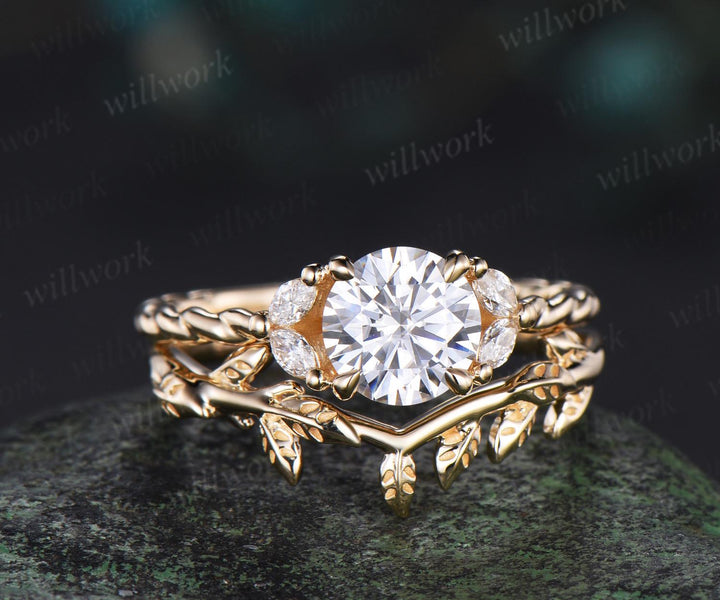1ct Round cut moissanite engagement ring set 14k yellow gold stacking diamond leaf wedding ring band women unique promise ring gift