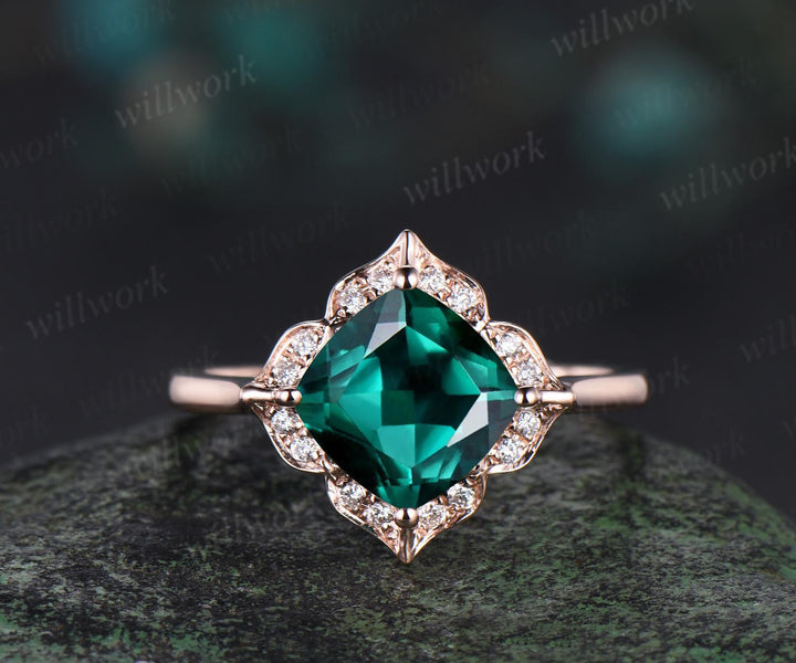 Floral cushion cut green emerald engagement ring set antique halo moissanite bridal set unique promise ring women 14k rose gold