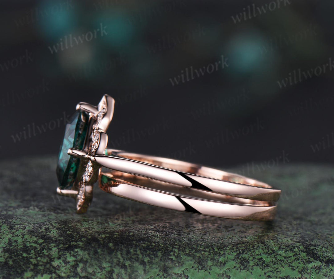 Floral cushion cut green emerald engagement ring set antique halo moissanite bridal set unique promise ring women 14k rose gold