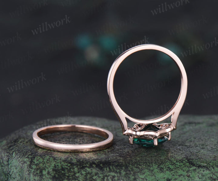 Floral cushion cut green emerald engagement ring set antique halo moissanite bridal set unique promise ring women 14k rose gold