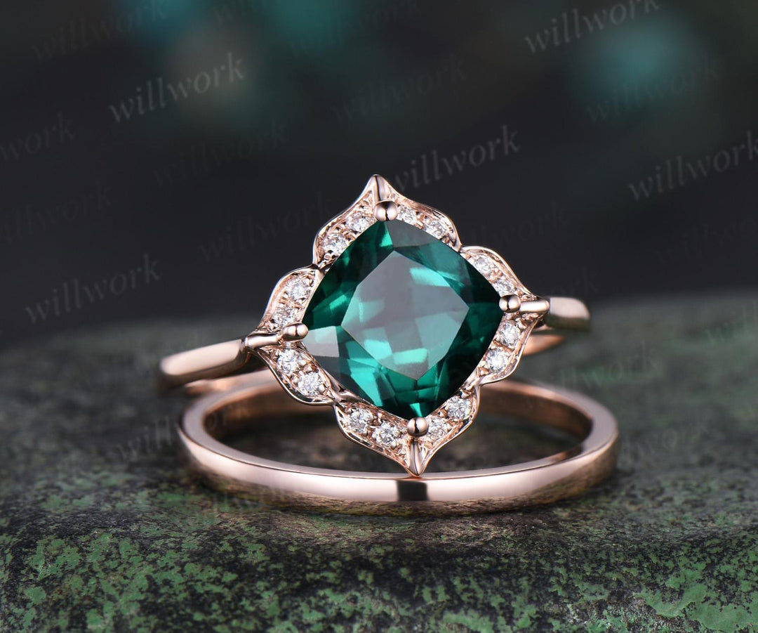 Floral cushion cut green emerald engagement ring set antique halo moissanite bridal set unique promise ring women 14k rose gold