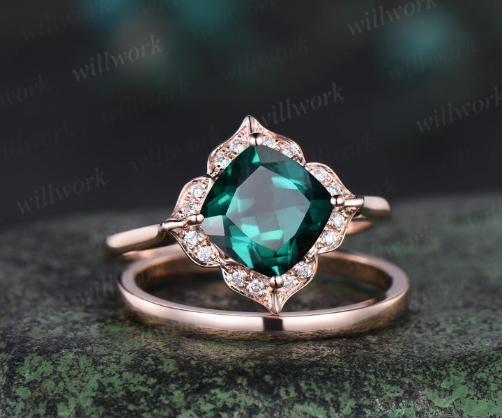Floral cushion cut green emerald engagement ring set antique halo moissanite bridal set unique promise ring women 14k rose gold