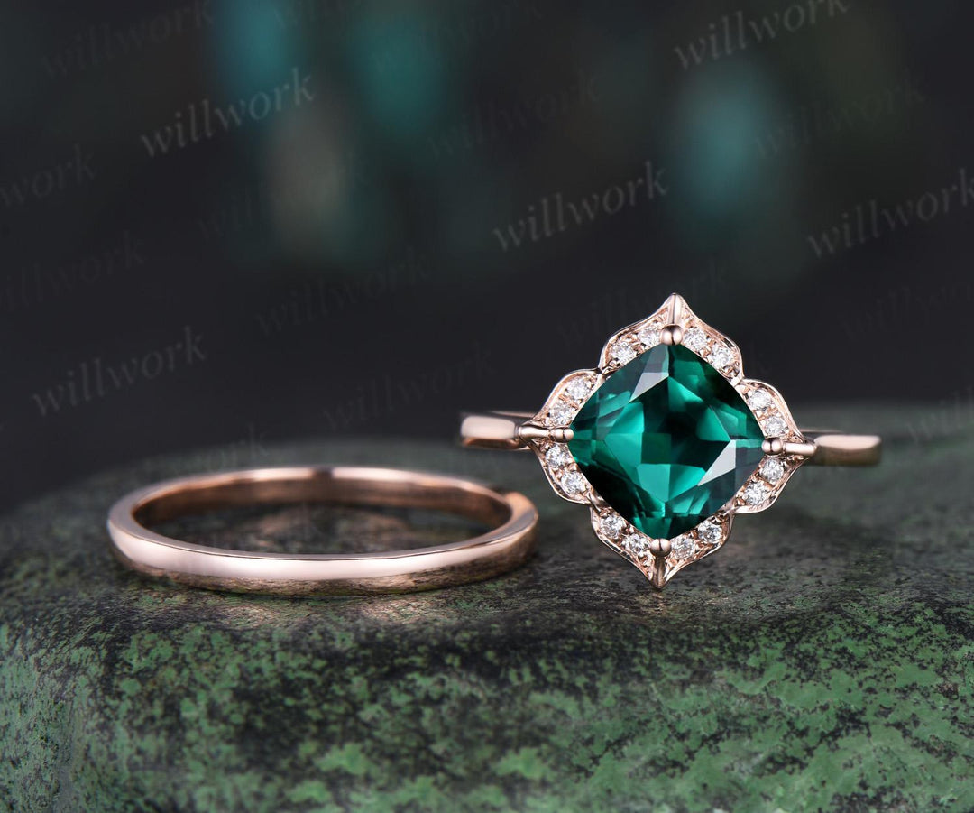 Floral cushion cut green emerald engagement ring set antique halo moissanite bridal set unique promise ring women 14k rose gold