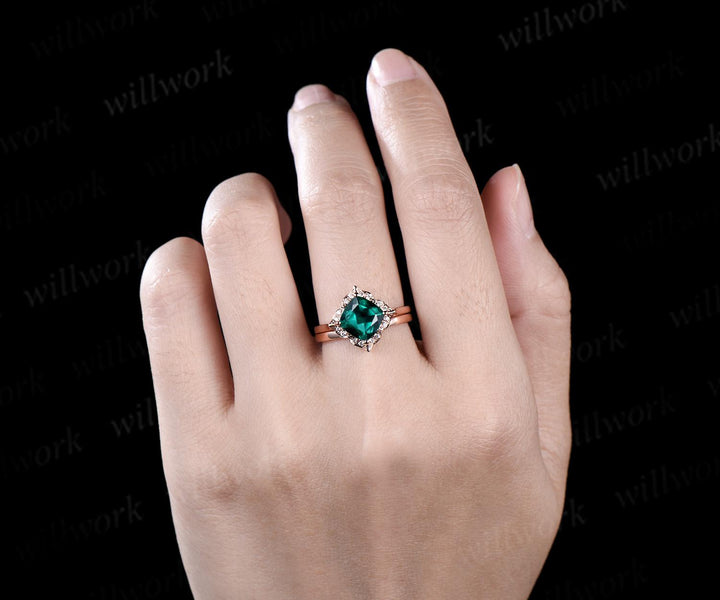 Floral cushion cut green emerald engagement ring set antique halo moissanite bridal set unique promise ring women 14k rose gold