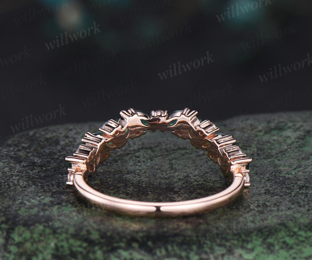 Curved marquise emerald wedding band 14k rose gold cluster moissanite wedding ring band stacking ring women  Multi-Stone Rings gift