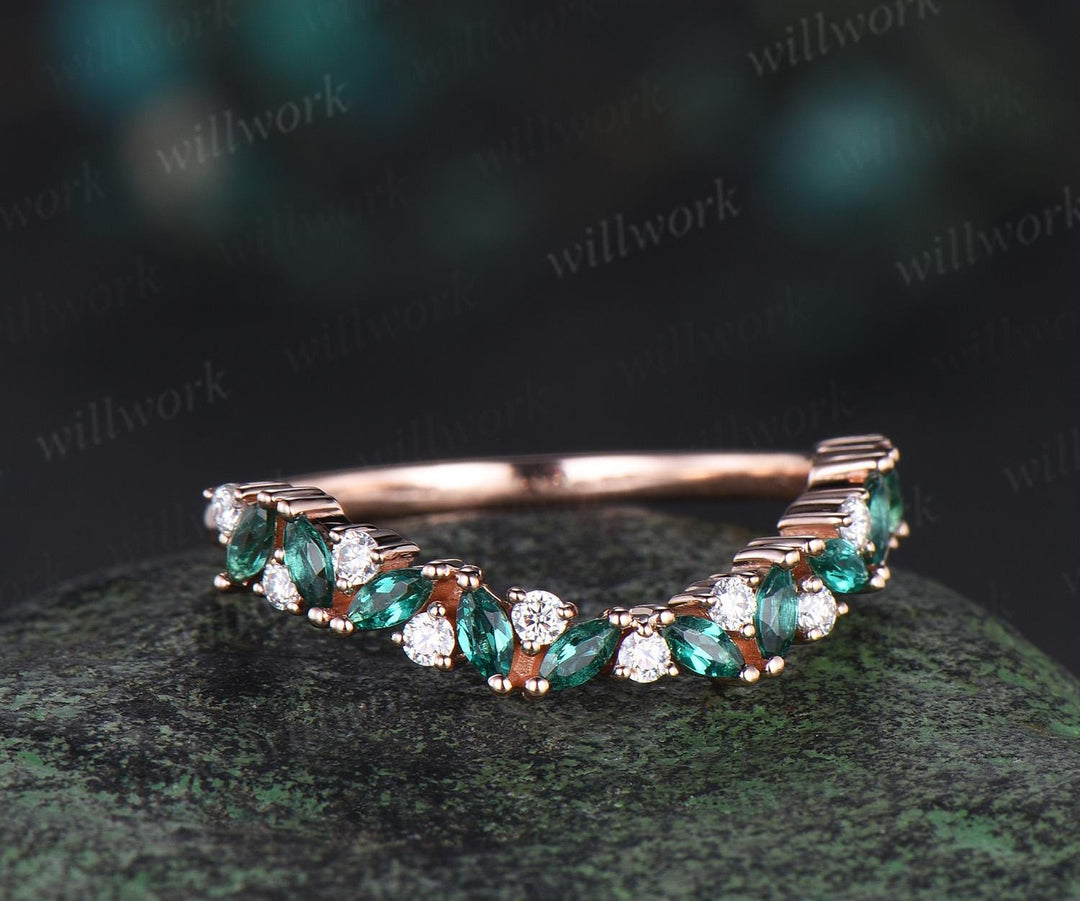 Curved marquise emerald wedding band 14k rose gold cluster moissanite wedding ring band stacking ring women  Multi-Stone Rings gift