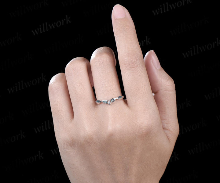 Curved alexandrite diamond wedding band women solid 14k white matching stacking five stone anniversary gift
