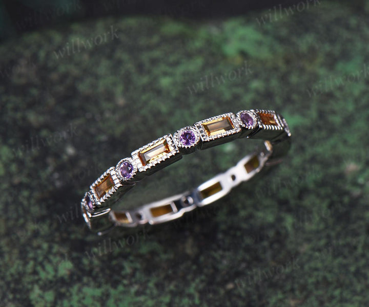 Milgrain baguette cut yellow citrine wedding band art deco full eternity amethyst ring stacking retro band women