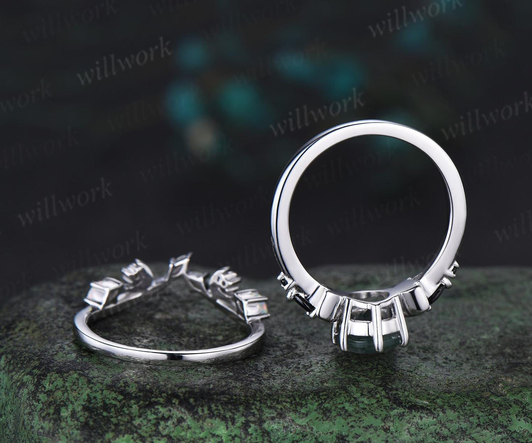 Round cut green moss agate moon engagement ring set white gold stacking five stone black spinel opal anniversary gift