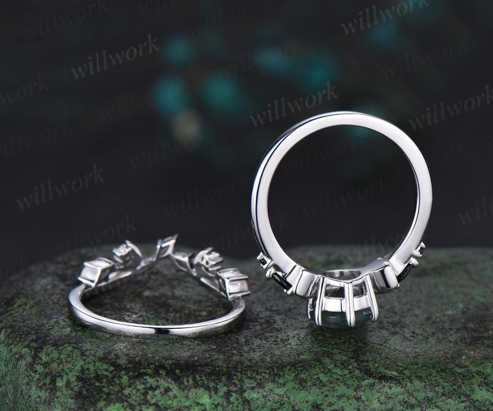Round cut green moss agate moon engagement ring set white gold stacking five stone black spinel opal anniversary gift