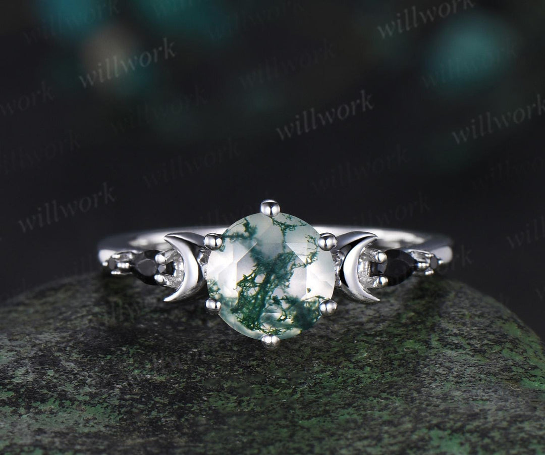 Round cut green moss agate moon engagement ring set white gold stacking five stone black spinel opal anniversary gift