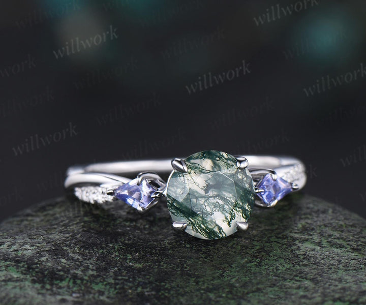Round cut natural moss agate engagement ring kite Tanzanite ring white gold retro 3/4 eternity diamond promise ring her jewelry