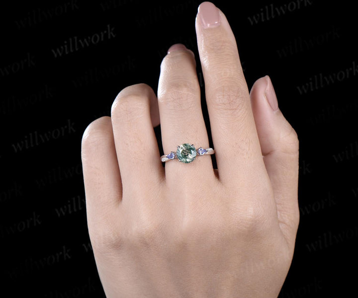 Round cut natural moss agate engagement ring kite Tanzanite ring white gold retro 3/4 eternity diamond promise ring her jewelry
