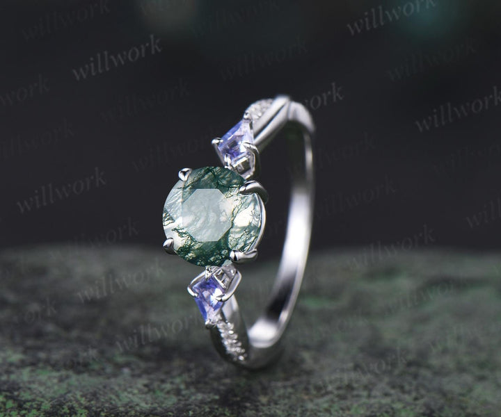 Round cut natural moss agate engagement ring kite Tanzanite ring white gold retro 3/4 eternity diamond promise ring her jewelry