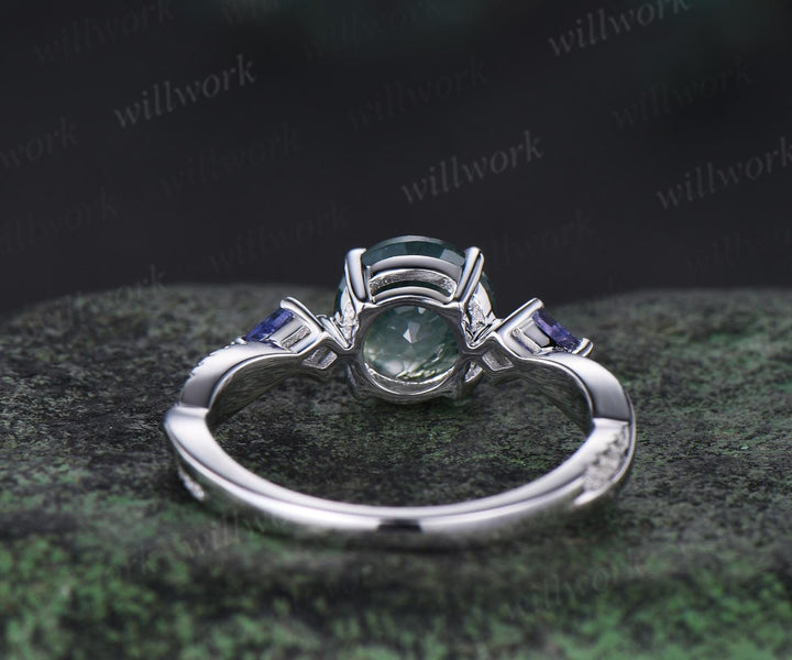 Round cut natural moss agate engagement ring kite Tanzanite ring white gold retro 3/4 eternity diamond promise ring her jewelry