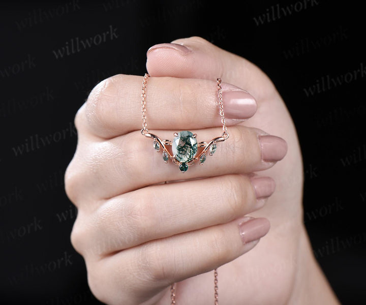 2ct oval cut natural moss agate necklace solid 14k rose gold leaf nature inspired emerald pendant women gift mother