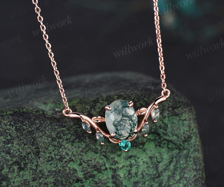 2ct oval cut natural moss agate necklace solid 14k rose gold leaf nature inspired emerald pendant women gift mother
