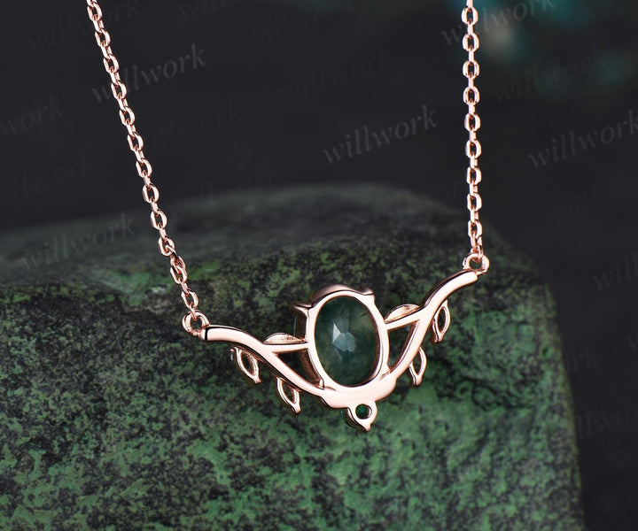 2ct oval cut natural moss agate necklace solid 14k rose gold leaf nature inspired emerald pendant women gift mother