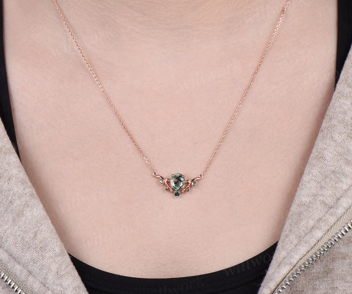 2ct oval cut natural moss agate necklace solid 14k rose gold leaf nature inspired emerald pendant women gift mother