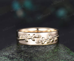 Unique leaf nature inspired wedding band vintage yellow gold Solitaire mens engagement ring retro anniversary gift