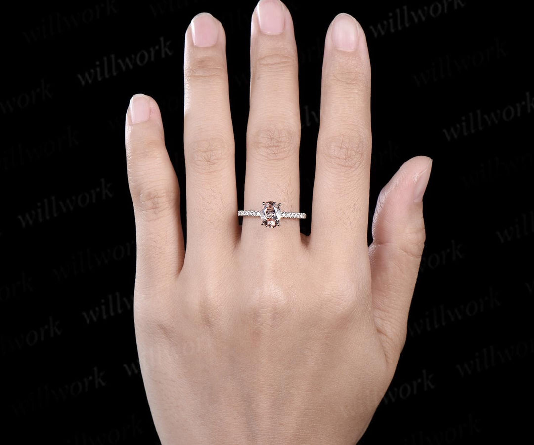 Oval cut morganite engagement ring white gold dainty half eternity diamond promise ring her