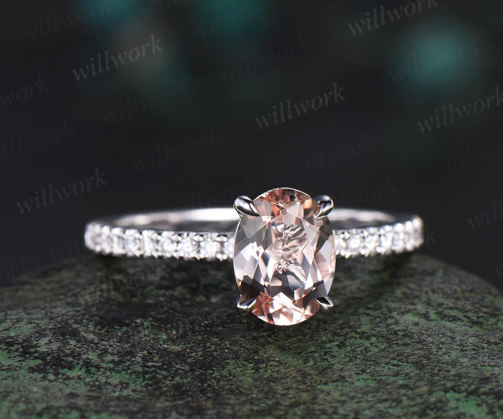 Oval cut morganite engagement ring white gold dainty half eternity diamond promise ring her