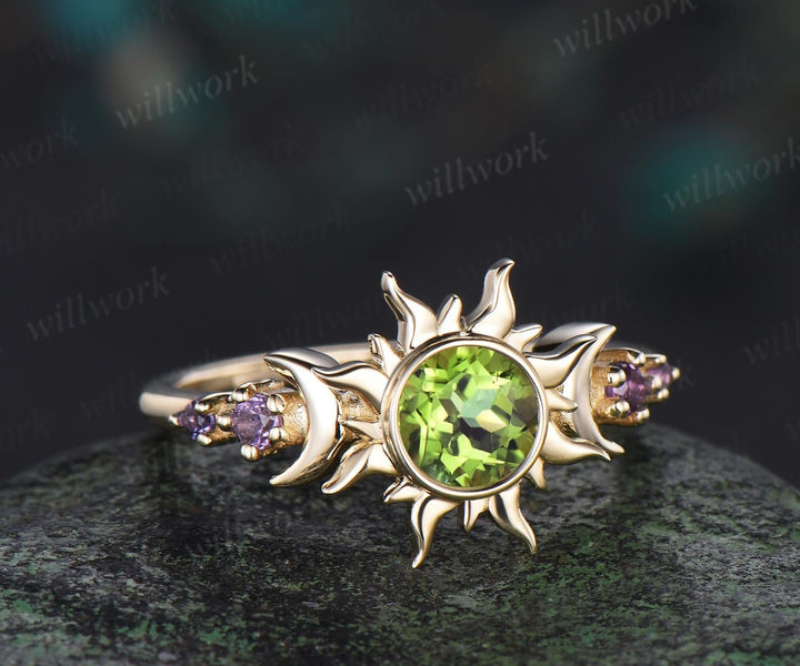 Round cut peridot sun bezel engagement ring solid 14k yellow gold five stone moon amethyst anniversary ring women crystal ring gift