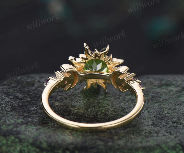 Round cut peridot sun bezel engagement ring solid 14k yellow gold five stone moon amethyst anniversary ring women crystal ring gift