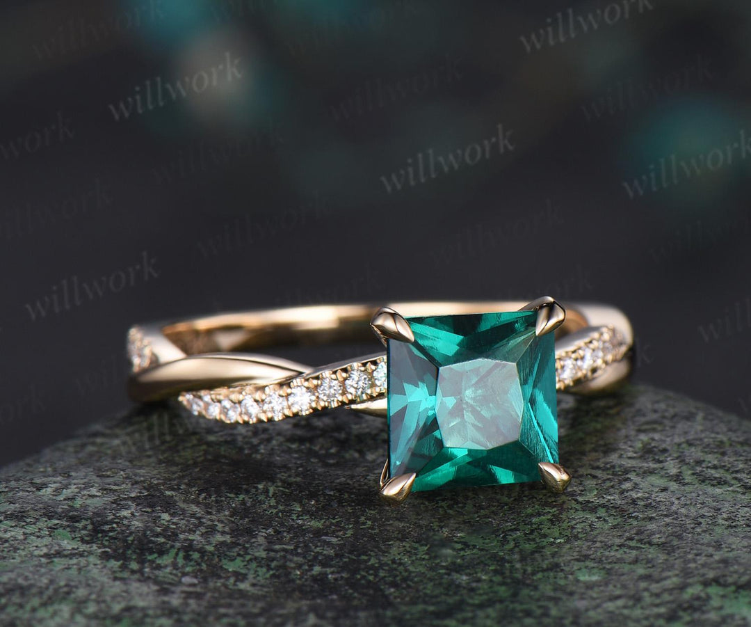 Princess cut green emerald engagement ring 14k yellow gold 3/4 eternity twisted diamond ring vintage promise ring women jewelry