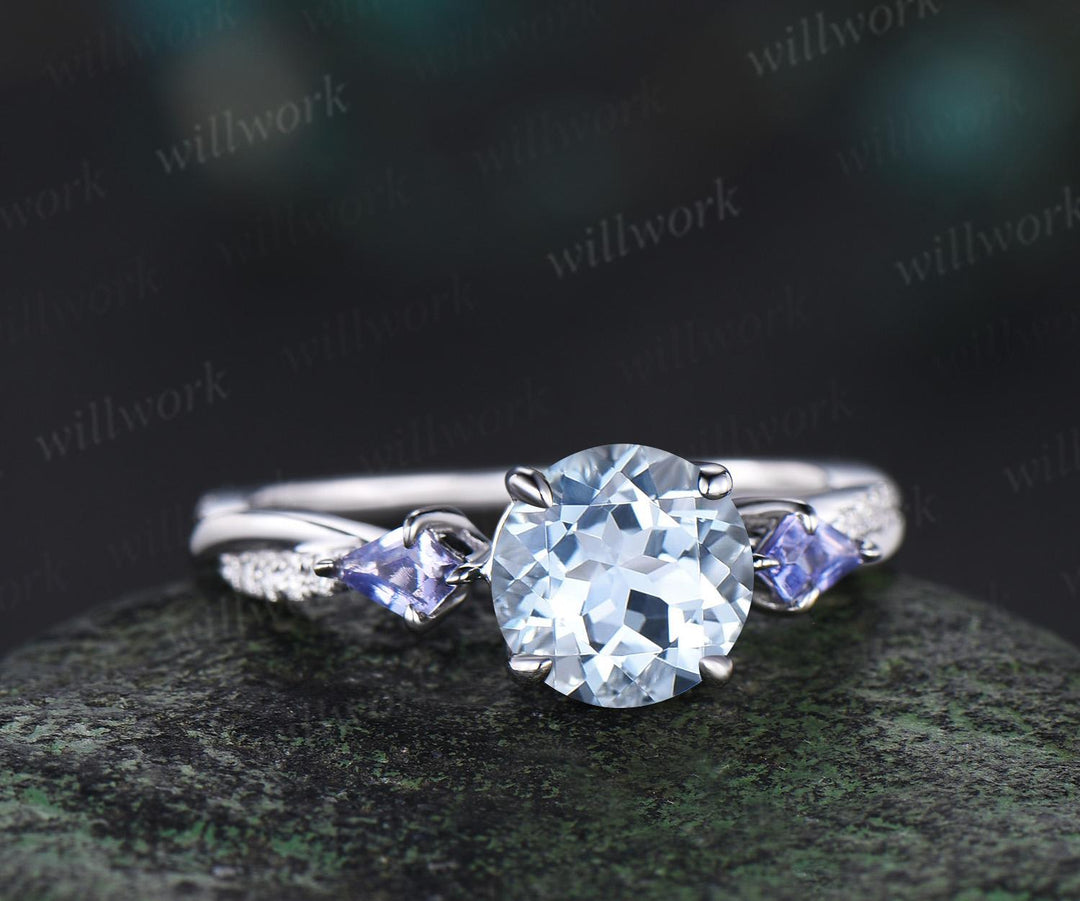 Vintage round cut aquamarine engagement ring 14k white gold kite Tanzanite ring twisted infinity diamond promise ring women