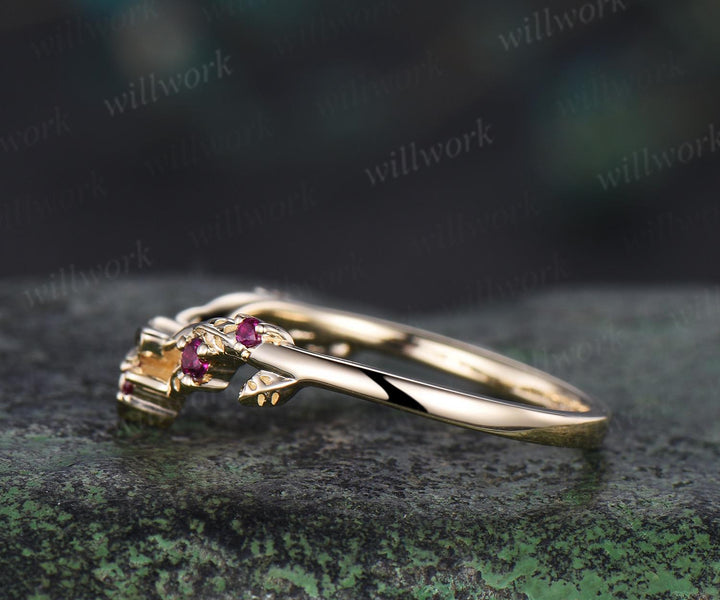 Celtic knot leaf natural ruby wedding band solid 14k yellow gold stacking matching bridal anniversary ring gift Norse Viking Jewelry