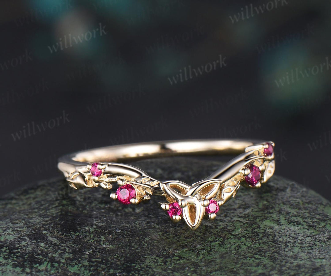 Celtic knot leaf natural ruby wedding band solid 14k yellow gold stacking matching bridal anniversary ring gift Norse Viking Jewelry