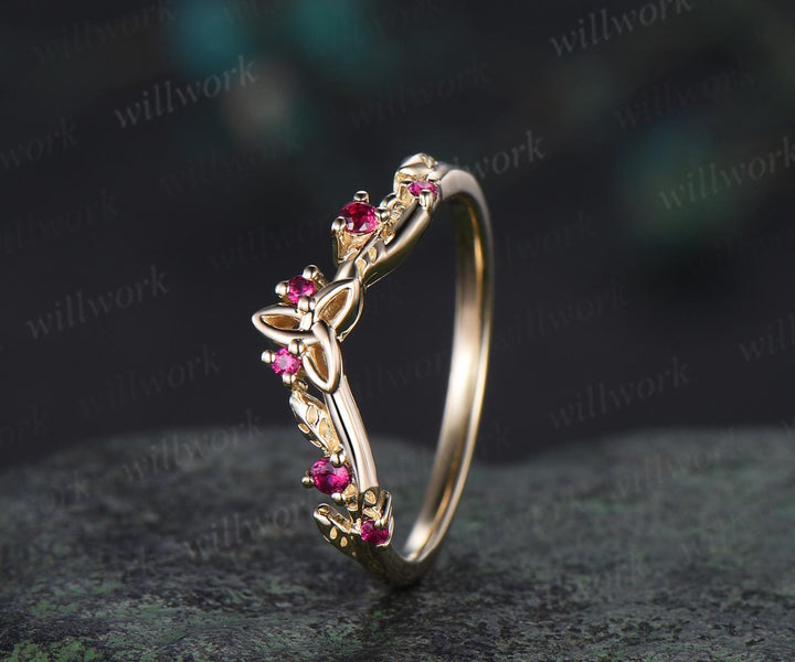 Celtic knot leaf natural ruby wedding band solid 14k yellow gold stacking matching bridal anniversary ring gift Norse Viking Jewelry