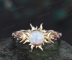 Round white opal moon sun engagement ring bezel solid 14k yellow gold five stone amethyst wedding ring women anniversary gift