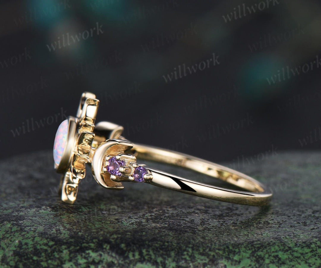 Round white opal moon sun engagement ring bezel solid 14k yellow gold five stone amethyst wedding ring women anniversary gift
