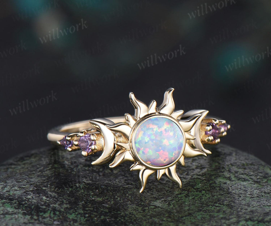Round white opal moon sun engagement ring bezel solid 14k yellow gold five stone amethyst wedding ring women anniversary gift