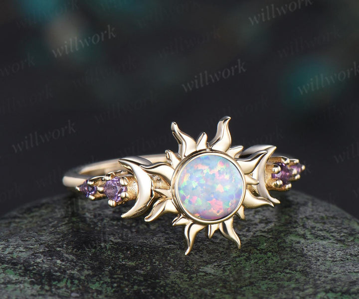 Round white opal moon sun engagement ring bezel solid 14k yellow gold five stone amethyst wedding ring women anniversary gift