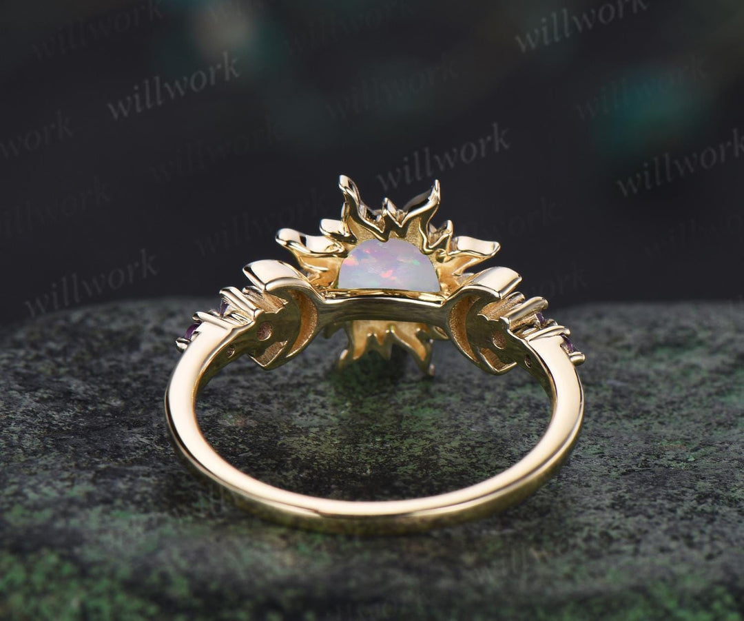 Round white opal moon sun engagement ring bezel solid 14k yellow gold five stone amethyst wedding ring women anniversary gift