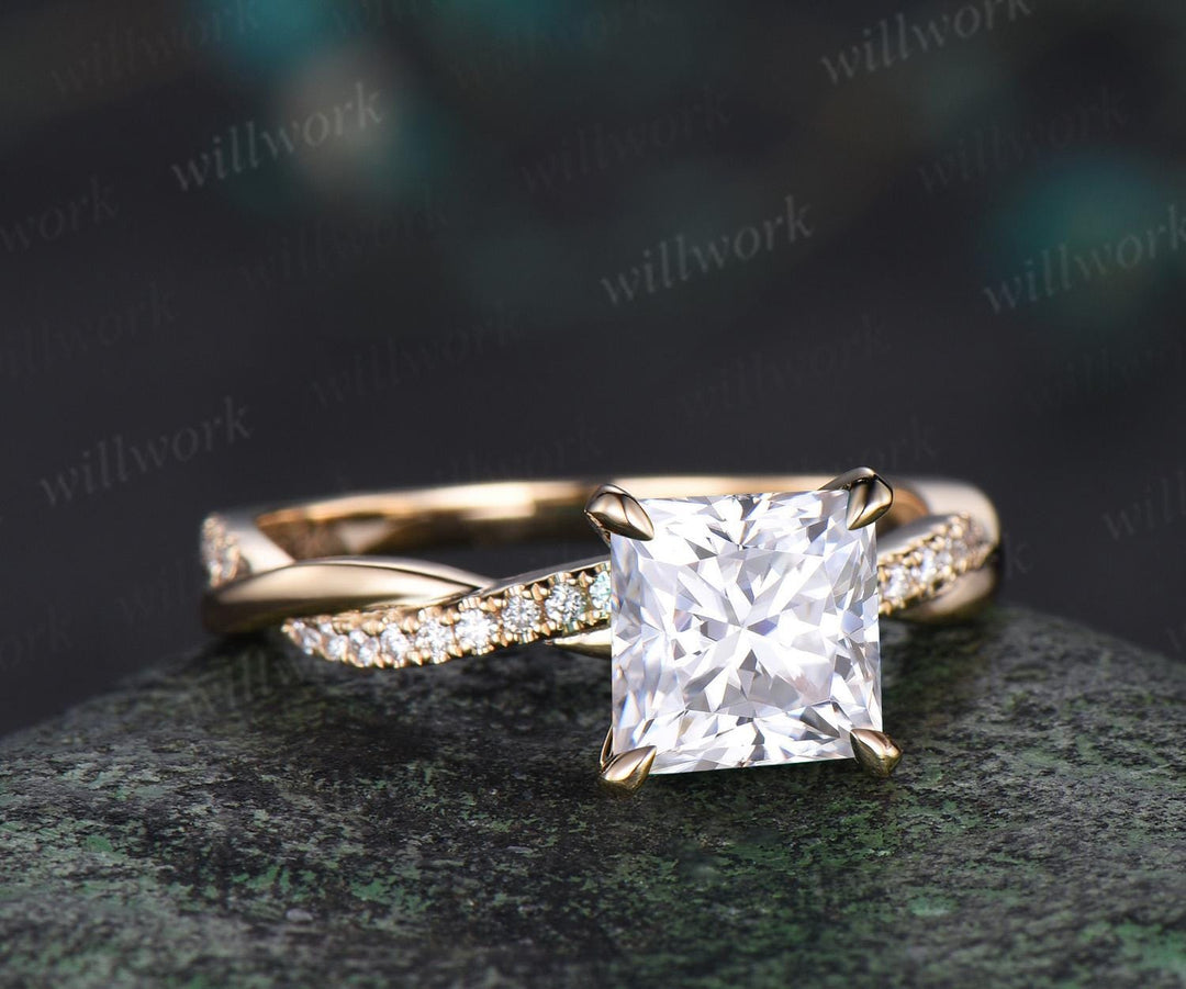 Princess cut moissanite engagement ring 14k yellow gold 3/4 eternity twisted diamond ring vintage wedding promise ring women