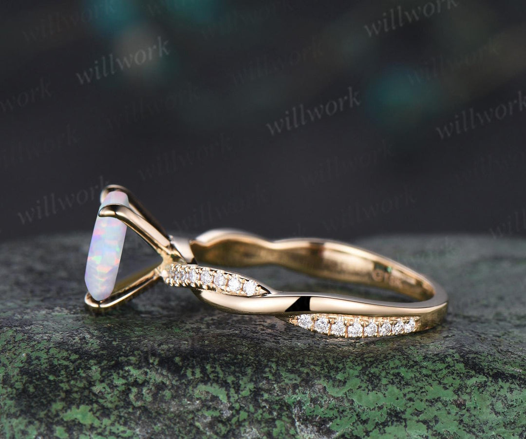 Square  white opal engagement ring vintage infinity twisted diamond 3/4 eternity anniversary ring solid 14k yellow gold dainty retro gift