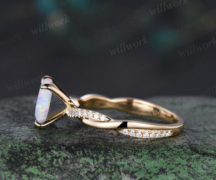 Square  white opal engagement ring vintage infinity twisted diamond 3/4 eternity anniversary ring solid 14k yellow gold dainty retro gift